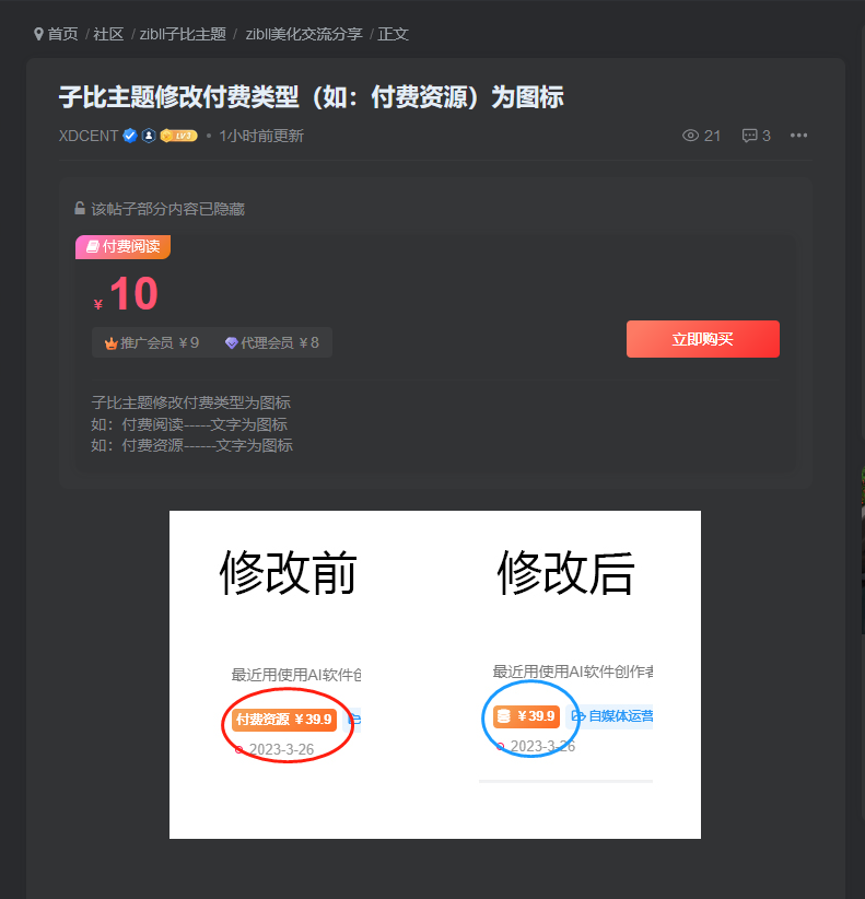 子比主题修改文章资源付费类型文字转为图标样式-东升资源网